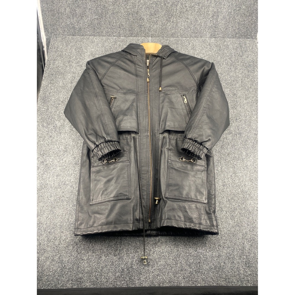 Omint Black Leather Hooded Parka Jacket Womens Size Medium Quilted Lined Coat M